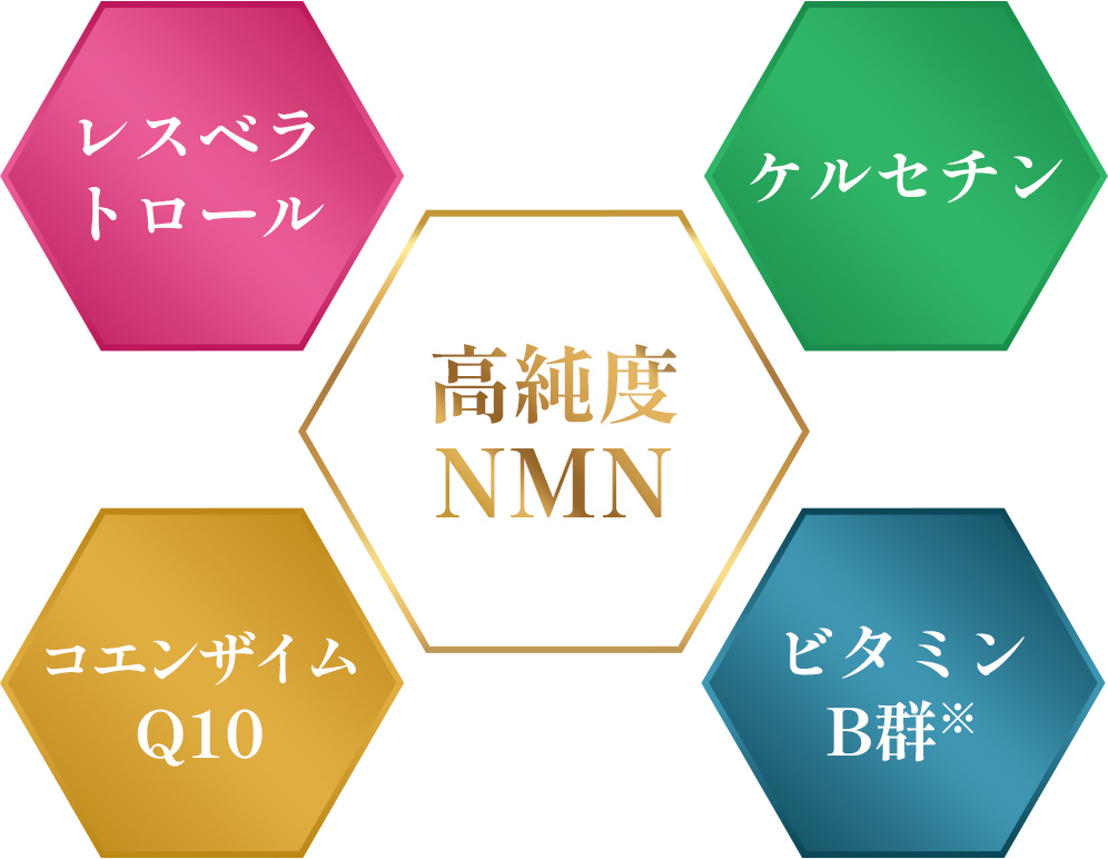 高純度NMNとレスベラトロール・ケルセチン・コエンザイムQ10・ビタミンB群の成分イメージ